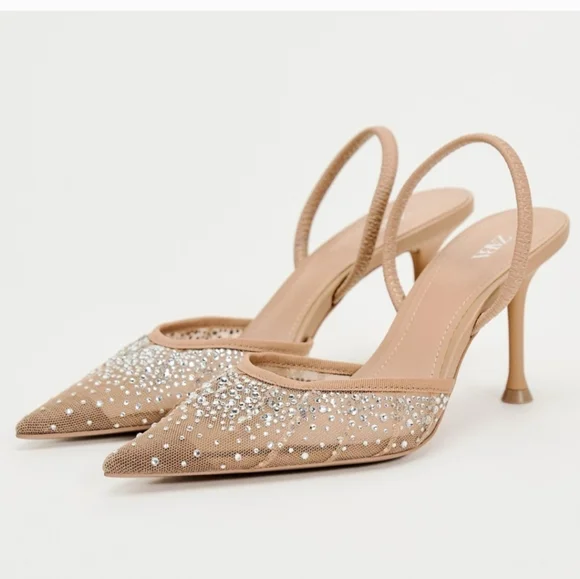 きなこ Zara | Shoes | Zara Beige Tan Mesh Rhinestone Embellished